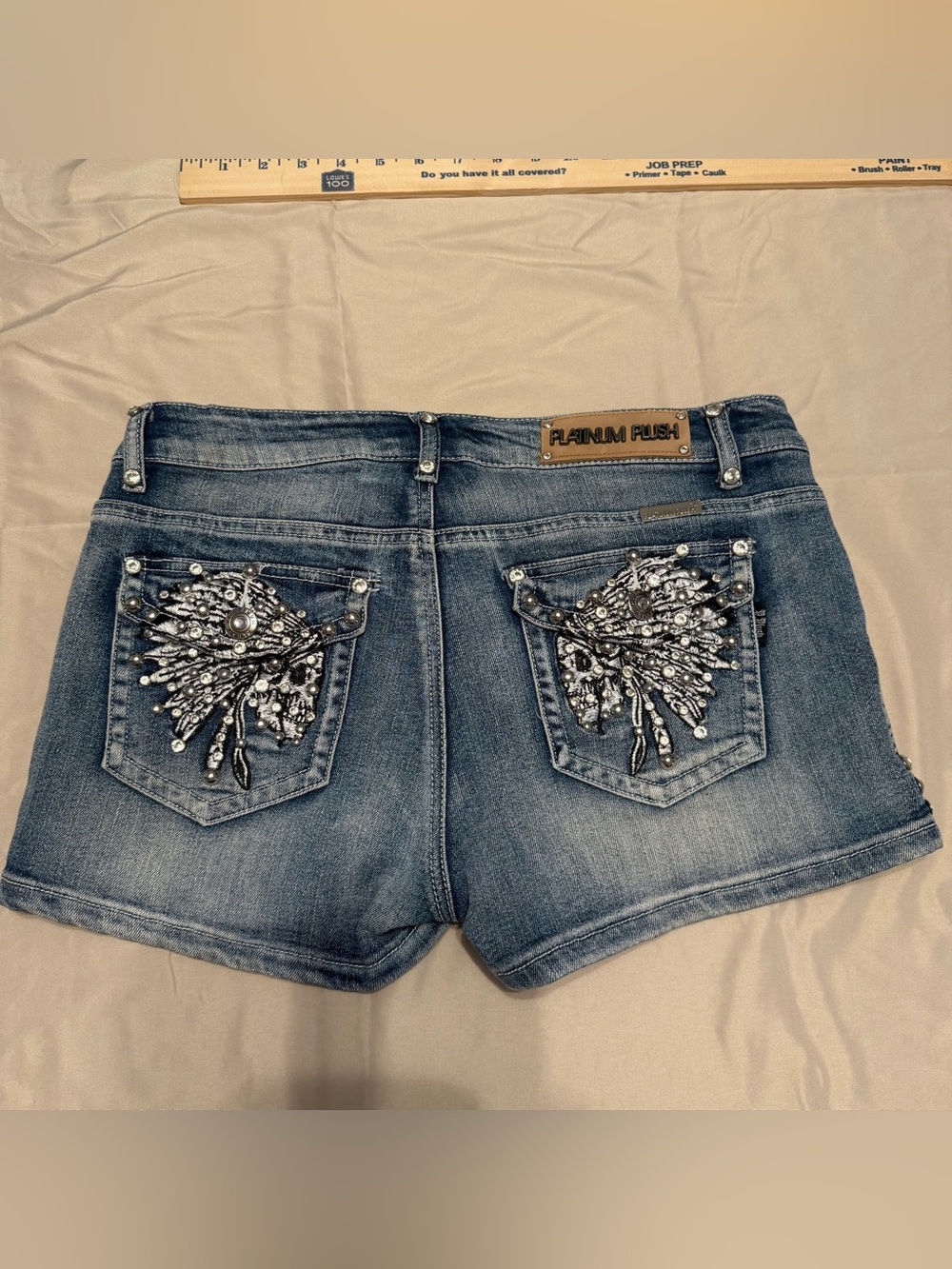 Floral Crystal Embellished Denim Shorts - Blue - FLAMIN FLUSH large